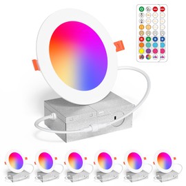 Recessed Lighting 4 Inch RGBCW Color Changing 12W LED Downlights with Junction Box,1080Lumens Recessed Ceiling Light,Dimmable by Remote Control,Dual Memory - Timer - 14 Color Choices - 3 Modes,6 Pack