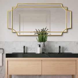 womilous Large Gold Beveled Mirror - Irregular Wall Mirrors Decorative 24"x47.2" Scalloped Rectangle Mirror Modern Oblong Vanity Wall Mirror for Bathroom Living Room Bedroom Fireplace Entryway