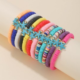 HYHONEY 12pcs Heishi Bracelet Surfer Bracelets for Women Stackable clay Beaded Stretch Bracelets Elastic Layering Bracelets Boho Summer Beach Bracelets Jewelry