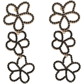 Flowers Long Dangle Drop Black Rhinestone Flower Statement Earring, Women's Earrings Evening Prom Pageant (Black, One size)