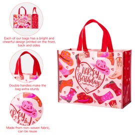 WRAPAHOLIC Large Reusable Birthday Gift Bag with Handles - 10 x 5 x 13 inch - Cowgirl Happy Birthday