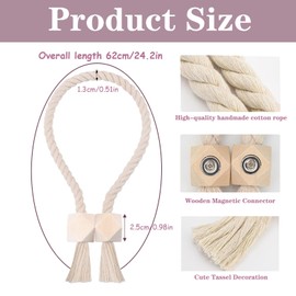 Pack of 2 Magnetic Curtain Tiebacks, Curtain Holders, Tiebacks Made of Wood, Boho, Handwoven Curtains Tiebacks, Curtain Holders, Magnetic Tiebacks, Cotton Rope for Home Office Curtains Decoration