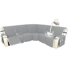 Arfntevss Recliner Sectional Couch Covers 1OO% Waterproof L Shape Sofa Cover for Reclining L Shaped Sectional Slipcover Dog Washable Corner Non Slip Protector (5 Seater with 1 Console, Silvery Gray)