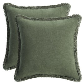 AmHoo Pack of 2 Linen Pillow Covers with Tassels Fringed Decorative Rustic Natural Throw Pillowcase Cushion for Couch Sofa Bedroom 24 x 24-Inch Green