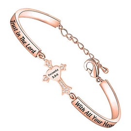 BEKECH Christian Bracelet Gifts for Women Trust in The Lord Proverbs 3:5-6 Bracelet Cross Charm Bible Verse Bracelet Religious Jewelry Gift for Women Girl Daughter (rose gold)