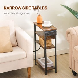 AMHANCIBLE Narrow Side Table, 4 Tier Slim Nightstands Set of 2 with Charging Station, Small End Tables for Small Spaces, Skinny Bedside Table with Storage Shelf, Rustic Brown HETN04BR