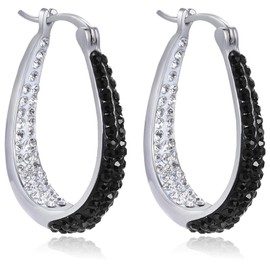 Savlano 14K White Gold Plated Inside Out Crystal Hoop Earrings For Women (Black-White)
