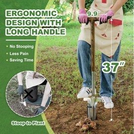 Long Handled Bulb Planter Tool, 37'' Bend-Proof Stainless Steel Bulb Planter, 4'' Depth Marks Long Handled Hole Digger, Bulb Planter with Comfortable T-Shaped Long Wood Handle for Planting Tulips