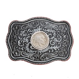 US 1929 Indian Head Buffalo Nickel 5 Cent Coin Silver Belt Buckle NEW - Beautiful Western Scroll Design