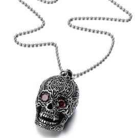 Stainless Steel Sugar Skull Pendant Necklace for Man with Red Cubic Zirconia with 23.4 in Ball Chain(CA)