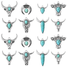 Stiesy 16Pcs 8 Styles Western Cowboy Turquoise Charms Antique Silver Cattle Head Charms Vintage Ox Horn Pendants Charms Tibetan Animal Head Charms for Jewellry Making Earring Present