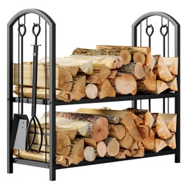 Fire Beauty Fireplace Firewood Log Rack 5-Piece Storage Logs Holder with Tools Set with 4 Tools Set Fireside Holders Wood Lumber Storage Stacking Black