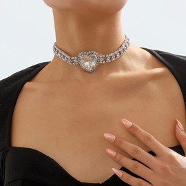 Chargances Big Heart Crystal Pendant Choker Silver Statement Rhinestone Necklace Short Dainty Jewerly for Women (2), Rhinestone Metal