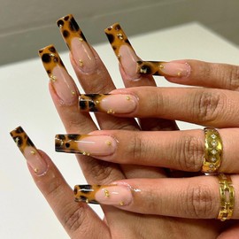 Leopard Press on Nails Long Square With Gold Rhinestone Designs French Tips Glue on Cheetah Stick on Glossy Reusable False Press ons for Women Girls Manicure 24pcs