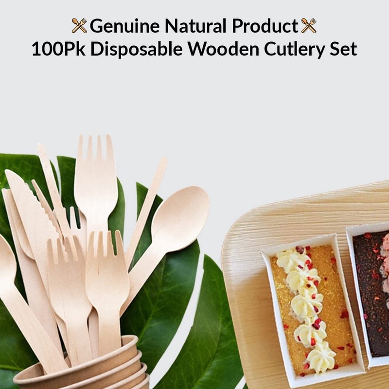 1Above 100Pk Disposable Wooden Cutlery Set, 100% Natural and Biodegradable,