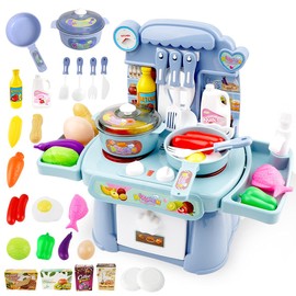 Kitchen Toys Imitated Chef Light Music Pretend Cooking Food Play Dinnerware Set Children Girl Toy Kitchen Sink with Running Water and Electronic Induction Stove (Blue kitchen set)