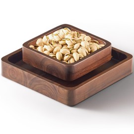 FANATU Wood Pistachio Snack Bowl with Shell Storage, Double Dish Holder Nut Bowl Pedestal for Sunflower Seed, Peanut, Cherries, Edamame (Walnut)