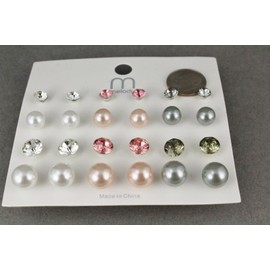 Pink Grey White Earrings 12 Pair Set Pack Graduated Faux Pearl Bead Stud Post Adorable Statement Jewelry Earrings for Women