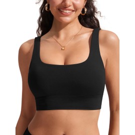 CRZ YOGA Womens Bikini Tops Scoop Neck Bathing Suit Supportive Modest Swimsuit Wide Straps Sports Bra Padded Black X-Large