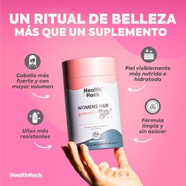 Health Hack Womens Hair en Gomitas con 18 Ingredientes para Cabello, Piel y Uñas, 1140 mg de Colágeno I y III, MSM, L-Cisteína, L-Lisina, Bambú, Bioti