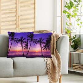 Swono Tropical Beach Throws Pillows Covers for Couch, Sunset Ocean Beach Palm Trees Decorative Pillow Cases for Men Women, Comfortable Pillow Cushion Cover Pack of 2 18"X18" for Home Sofa Bed Purple