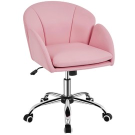 Yaheetech Cute Petal Desk Chair Home Office Chair Swivel Upholstered Leather Desk Chair Makeup Vanity Chair with Armrests for Bedroom Modern Computer Rolling Chair for Women Simple Pink