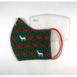 Reindeer Christmas Face Mask - Red / Green- Double Layer w/ PM 2.5 Carbon Filter