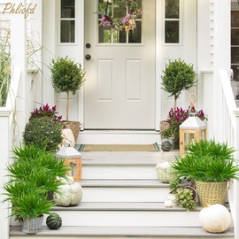 Phliofd 16Pcs Artificial Grass Fake Plants 17.3in 16 Leaves Outdoor Fake Grass UV Resistant Greenery Plastic Plants for Home Window Garden Patio Hanging Planter Pathway Front Porch Décor Green