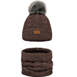 Alur Children's Unisex Beanie with Loop Scarf Set Winter Hat Knitted Hat with Bobble - Warm Elastic Elegant Winter Hat Scarf Eko Bobble Hat - Soft Yarn Stylish Warm, latte