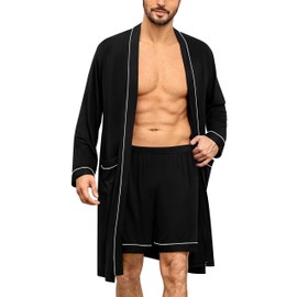 SWOMOG Mens Modal Robe with Shorts Set 2 Pcs Long Sleeve Kimono Bathrobe Soft Pjs Set Loungewear with Pockets Black Medium