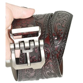 PACDE Western Retro Cowboy Belt Genine Leather Cowskin Jeans Flower Emboss Men Belt(4011ZKCoffee,for38-39" waist size)