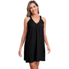 AUHEGN Women's Nightgown Sleeveless Sleepwear Wide Strap Sleep Shirt Pleated V-Neck Nightshirt Black X-Large