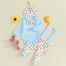 Nicoxijia Baby Boys Girls Easter Outfits Long sleeve Rabbit Romper Bodysuit+Bunny Pants+ Hat My First Easter 3Pcs Clothes Set (F-Blue, 12-18 Months)