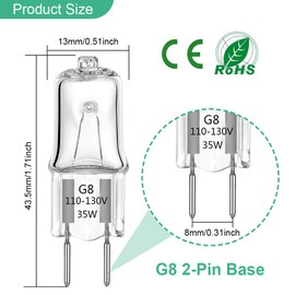 TAIYALOO G8 Halogen Light Bulbs 35W Dimmable 120V G8 Base 2Pin Xenon Bulb T4 JCD Type Warm White Under Cabinet Puck Lighting Replacements（12 Pack）