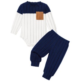 Baby Boy Clothes 3-6 Months Baby Winter Clothes 6 Month Baby's Outfits 3-6 Months Baby's Boy Clothing Long Sleeve Ribbed Babies Sweater Romper+ Pants 2pcs Navy Outfit Blue White
