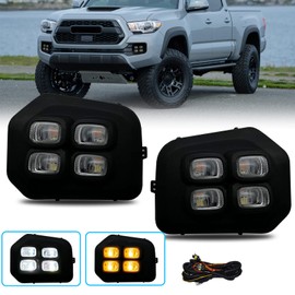 LED 4 eyes Fog Lights Assembly Kit for 2016 2017 2018 2019 2020 2021 2022 2023 Toyota Tacoma(Fits SR,SR5 Model Only), White DRL Fog Light Yellow Turn Signals for Tacoma