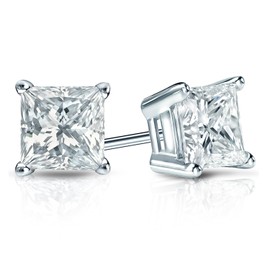 Diamond Wish 1 1/2 Carat Princess Cut Diamond Simulated Cubic Zirconia Stud Earrings in 14k White Gold 4-Prong Screw Back cttw