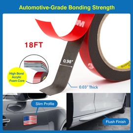 Tapsi Double Sided Tape Heavy Duty – Waterproof Foam Mounting Tape 0.98" x 18 FT with 10 Adhesion Promoters – Strong Adhesive for LED Strip Lights, Car Trim, Walls, Home, Office & Outdoor Decor