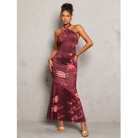 SKAYS Women's Summer Dress Halter Bodycon Maxi Dress Floral Backless Going Out Casual Elegant Party Dresses Brown Floral M