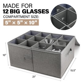 LotFancy Stemware Storage Container for Moving, Hard Shell, Wide Wine Glass Storage Box with Dividers & Handles, Stackable, Foldable Crystal Glassware Case, 21”x15.5”x10”, Grey