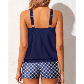 Yonique Tankini Swimsuits with Shorts - Tummy Control Two Piece Blouson Bathing Suits High Neck Swimwear Blue Geometry X-Large