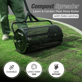 Dapper Supply Compost Spreader, 24.4-25.6" Height Adjustable Handle, 24" Wide, Lawn and Garden Peat Moss Roller with Side Latches, Powder Coated Steel Mesh Basket for Spreading Manure, Topsoil, Black