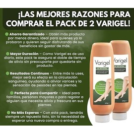 Varigel 225gr - PAQUETE 2 PIEZAS - Gel para Piernas Cansadas y Varices - con Hammamelis, Castaña de Indias, Aloe Vera y Gingko Biloba - Relaja y Ayuda