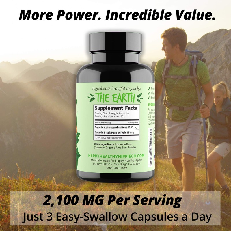 Happy Healthy Hippie Organic Ashwagandha Capsules 2100mg ?Stress Relief Supplement