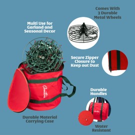 Christmas Light Storage Reel 3 Pack w Zippered Carrying Bag Case- 12" XL Heavy Duty Metal Construction for Xmas Holiday Tree Lights, Wind up Extension Cords, Garland- Holiday Decoration Organizer