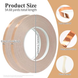 Copper Foil Tape, Conductive Copper Tape 0.236inch x164FT, Copper Tape Conductive Adhesive for Stained Glass Supplies, Guitar and EMI Shielding, Electrical Repairs,2pack