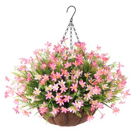 Ammyoo Artificial Flowers with Hanging Basket for Outdoor Decoration, Faux Violets Floral Arrangements UV Resistant Fake Flower Plants for Porch Patio Garden Balcony Outside Spring Summer Decor(Pink)