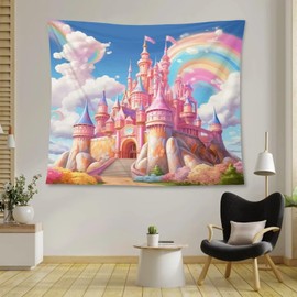 AAVEUP Rainbow Castle Tapestry Dreamy Pink Clouds Fairytale Wonderland Enchanted Princess Castle Tapestries for Nursery Boys Girls Bedroom Dorm Living Room Decor 30x40in