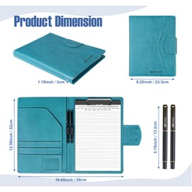 NOTEZMATE A4 PU Leather Writing Portfolio Multi Document Case with Cover Writing Work Folio Refillable Organiser Portfolio Clip Board with Magnetic Closure,2 Pen Holder,A4 Paper for Women/Men(Turquoi)