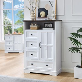 HDDDZSW 4+1 White Dresser for Bedroom, Chest of Drawers for Bedroom with Wooden Drawers and Cross Door, Wood Dressers Storage TV Stand for Bedroom, Living Room